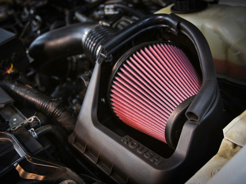 A close-up of a red cylindrical air filter from a Roush Performance Products, Inc. Cold Air Intake installed in a vehicle's engine compartment, with "roush" printed on the housing.