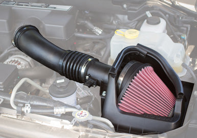 
                  
                    A car engine with a visible Roush Cold Air Induction kit showcases a pink cone-shaped, high-flow air filter, paired strikingly with the robust 6.2L V8 engine.
                  
                