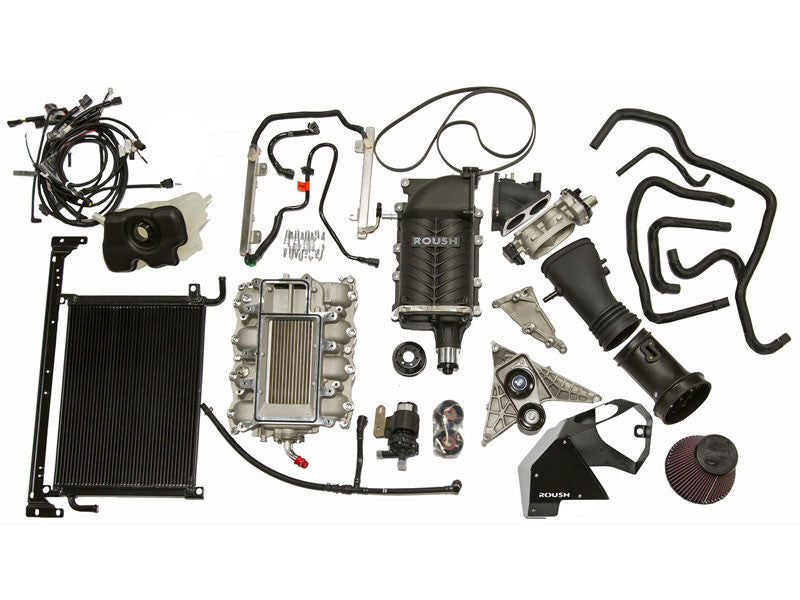Roush Mustang Supercharger kit featuring Eaton's TVS Technology with components like hoses, radiators, a high-efficiency intercooler system, belts, and connectors arranged on a pristine white background.