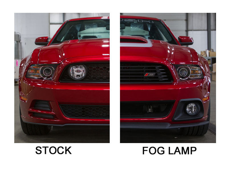 
                  
                    Split image showing the front of a red car: left side labeled "Stock" with standard fog lamp, right side labeled "Fog Lamp" featuring a Mustang Fog Light Kit with Roush Lower Fog Light and durable Injection Molded TPO construction.
                  
                
