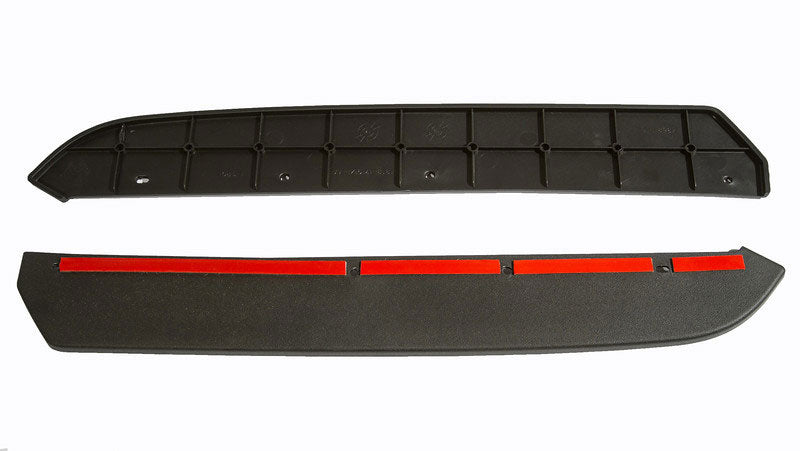 
                  
                    Two black plastic car bumper protectors, one featuring three red reflective strips, are shown against a white background. These accessories, reminiscent of the sleek design seen in the 2013-2014 Mustang accessories collection, add both style and function to your vehicle.
                  
                