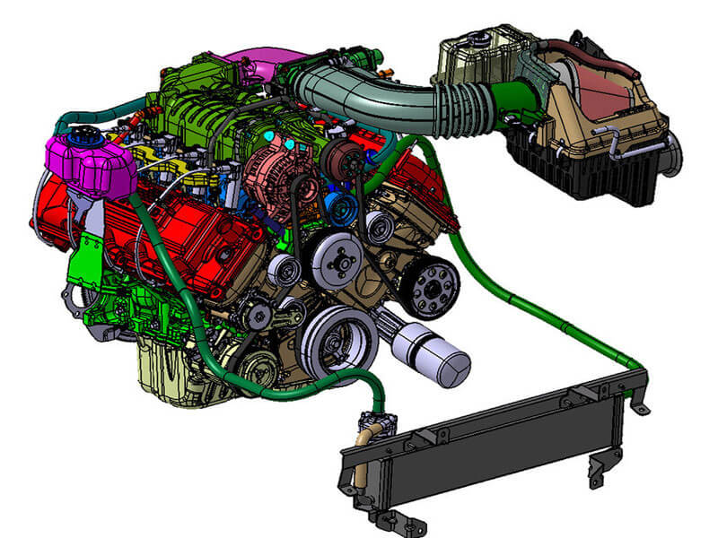 
                  
                    A vibrant illustration of a car engine model showcases various components like hoses, cylinders, and a radiator. This detailed depiction features elements inspired by the Ford F-150 Supercharger and Roush R2300 on a powerful 6.2L engine.
                  
                