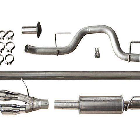 A disassembled stainless steel F-150 exhaust system with pipes, clamps, and muffler components neatly arranged on a white background.
