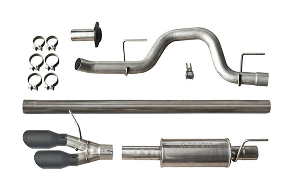 A stainless steel Cat-Back Exhaust system kit for the Ford F-150, featuring multiple pipes, clamps, a muffler, and dual exhaust tips, all arranged on a white background.