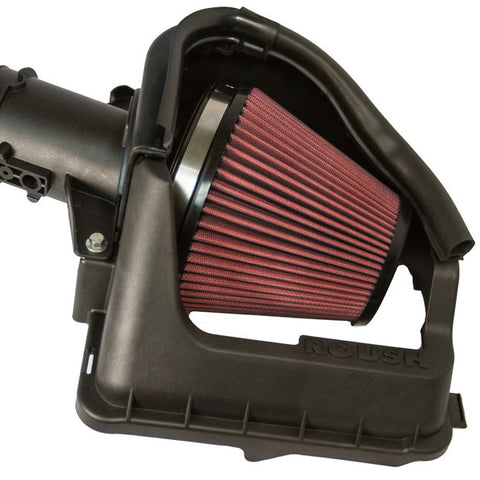 A red and black Roush Cold Air Intake system with a pleated filter is displayed on a white background, promising performance gains for your F-150 EcoBoost.