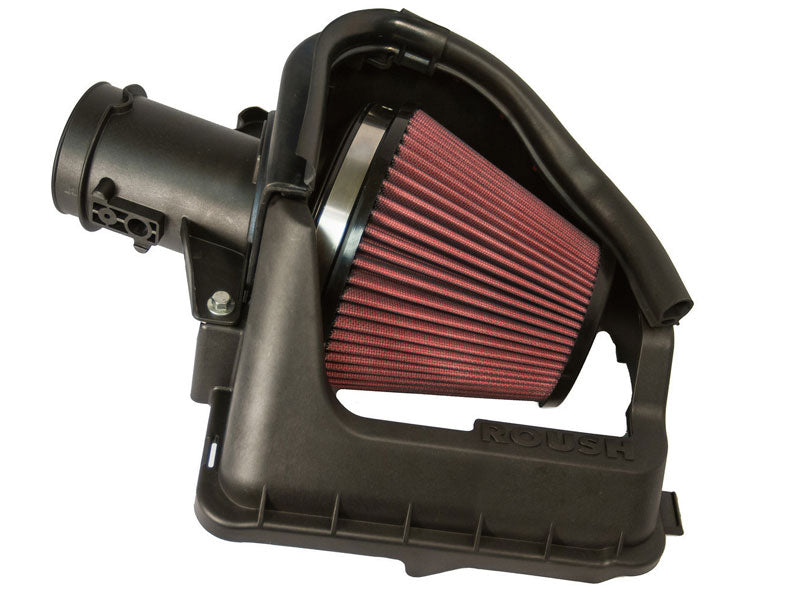A red and black Roush Cold Air Intake system with a pleated filter is displayed on a white background, promising performance gains for your F-150 EcoBoost.
