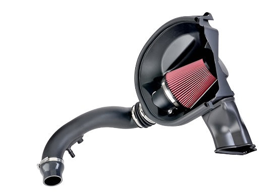 A black automotive cold air intake system with a red filter and curved tubing, designed for increased performance in Roush Mustang models.