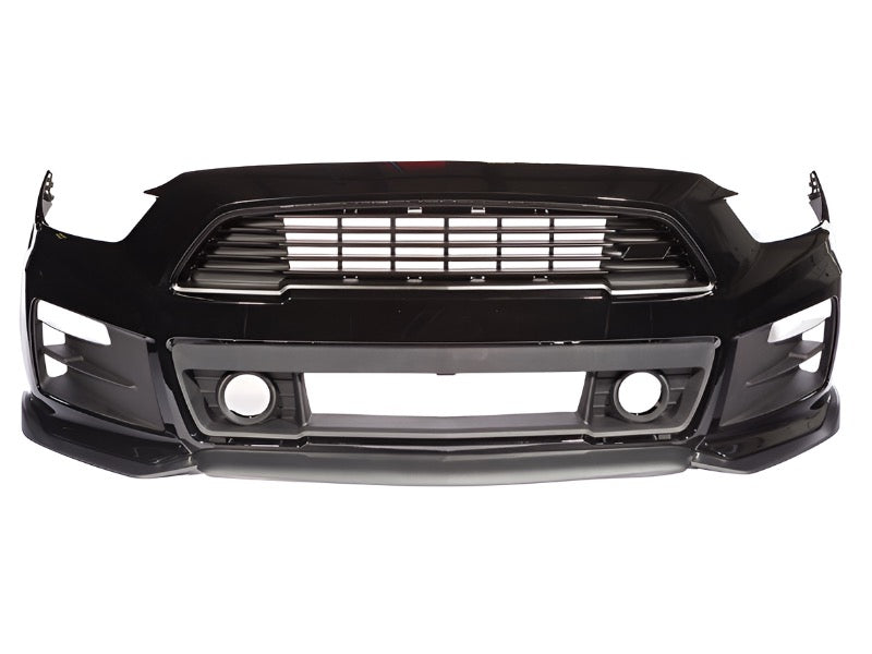 The 2015-2017 Roush Mustang Complete Front Fascia Kit - Raw Unpainted with integrated high-flow upper grille and fog light slots, isolated on a white background.