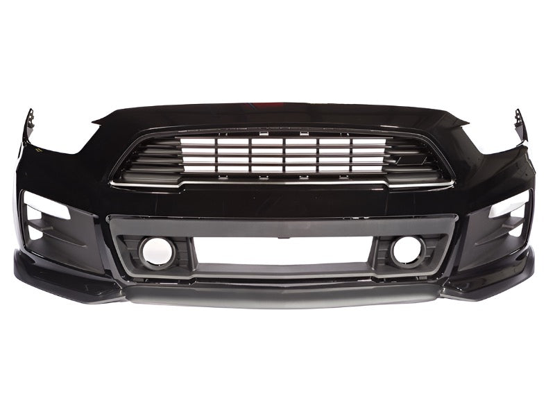 
                  
                    The 2015-2017 Roush Mustang Complete Front Fascia Kit - Raw Unpainted with integrated high-flow upper grille and fog light slots, isolated on a white background.
                  
                