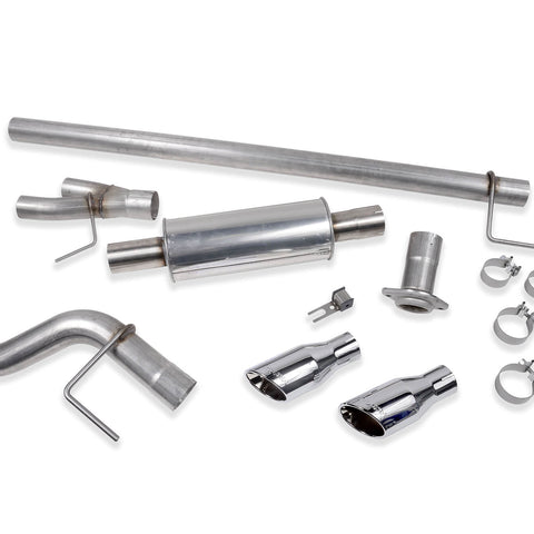 A disassembled car exhaust system, including pipes, muffler, clamps, and chrome exhaust tips made from high-grade 304 stainless steel, positioned on a white surface. This is the Roush F-150 Cat-Back Performance Exhaust Kit designed for the 2021-2024 Ford F-150.