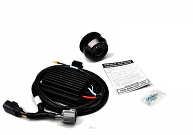 This Roush Mustang Supercharger car wiring harness kit includes a black cable, connectors, a pulley, an instruction sheet, and a small packet of screws on a white background. Perfect for your Phase 2 Upgrade to unleash up to 727 HP.