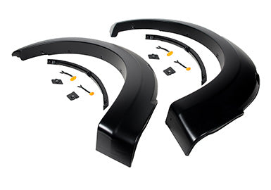 The Roush F-150 Fender Flare Kit offers two black fender flares with installation hardware, including screws and brackets. Made from UV-protected Dura-Flex 2000, these flares enhance tire coverage while ensuring durability and style.
