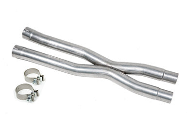 The Resonator Delete X-Pipe crafted from stainless steel features an X-shape connection and is equipped with two sturdy metal clamps. Designed for the Roush Mustang GT, it stands against a pristine white background, showcasing its sleek engineering.