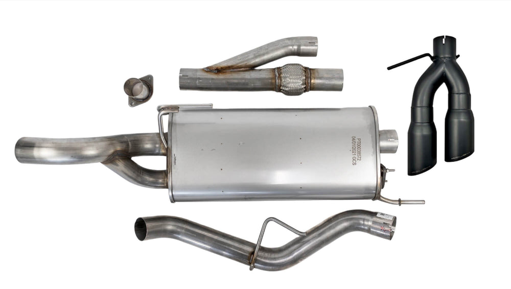 A disassembled Roush F-150 Exhaust system featuring pipes, a muffler, and sleek black exhaust tips sits on a white background, ready to complement the power of your 5.0L V8 Engine.