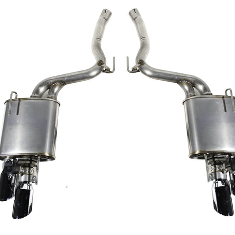 Image of a Roush Performance Axle-Back Exhaust System for the 2018-2023 Mustang GT, featuring T-304 stainless steel pipes and twin black exhaust tips for each muffler.