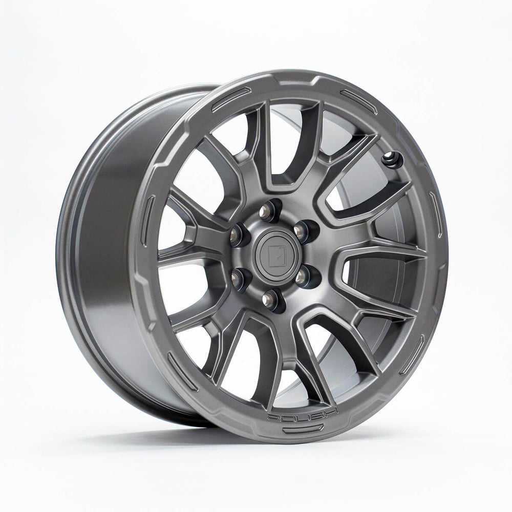 A single 2020-2024 Roush Bronco & Ranger 17-inch Iridium Grey Wheel with a multi-spoke design displayed against a plain, white background.