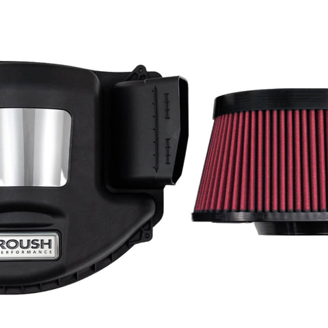 Air intake system components with a black plastic housing labeled "Roush Performance" and a red cylindrical air filter, perfect for enhancing the off-road racing experience of your Ford Bronco.