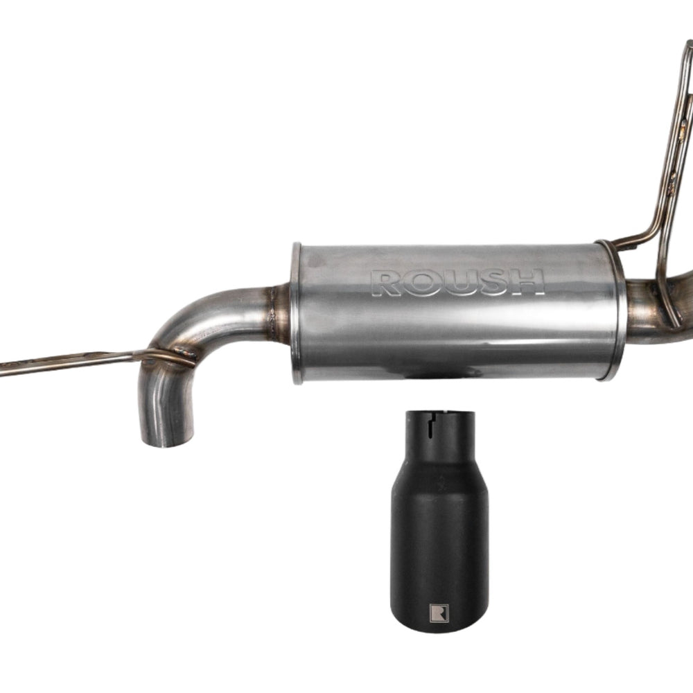 Car exhaust system parts including a silencer and pipes for 2021-2024 Roush Bronco Performance Exhaust 2.3 and 2.7, isolated on a white background from Roush Performance Products, Inc.