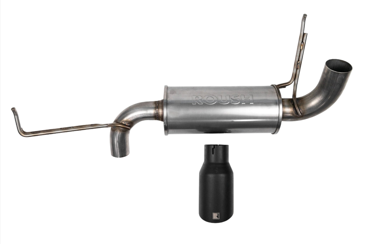 Car exhaust system parts including a silencer and pipes for 2021-2024 Roush Bronco Performance Exhaust 2.3 and 2.7, isolated on a white background from Roush Performance Products, Inc.