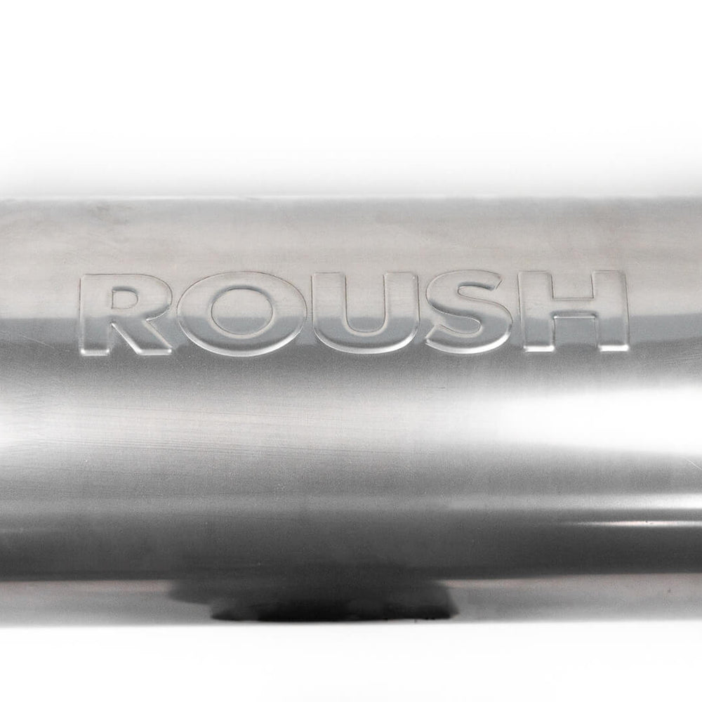 A close-up of a stainless steel Roush Performance Products, Inc. 2021-2024 Roush Bronco Performance Exhaust 2.3 and 2.7, highlighting the embossed logo on a clean, reflective surface.