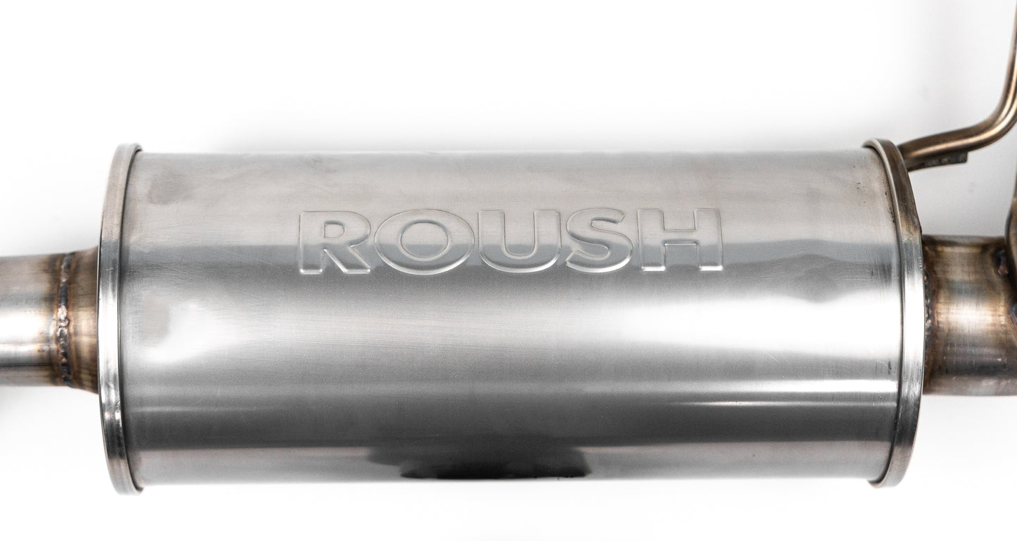A close-up of a stainless steel Roush Performance Products, Inc. 2021-2024 Roush Bronco Performance Exhaust 2.3 and 2.7, highlighting the embossed logo on a clean, reflective surface.