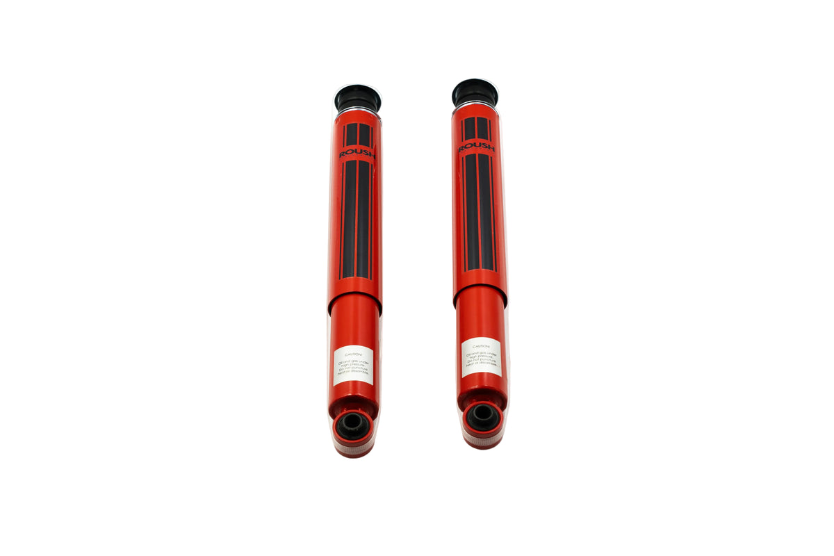 
                  
                    Two red shock absorbers with black stripes are positioned vertically side by side on a white background, showcasing components commonly found in a performance suspension system or Ram 1500 lift kit.
                  
                