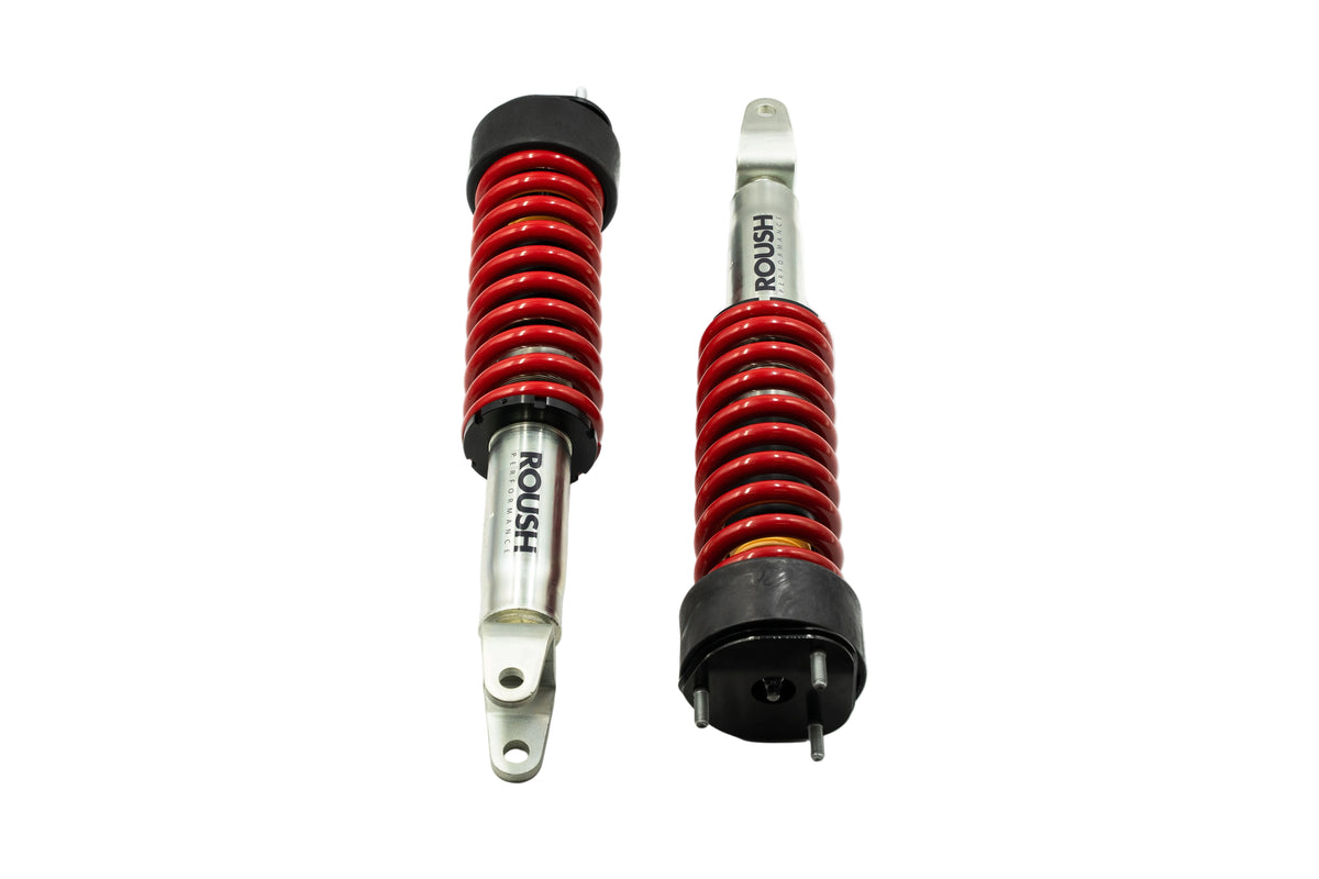 
                  
                    Two silver Roush shock absorbers with red coil springs, designed for a Roush Ram 1500 suspension performance system, are placed on a white background—one standing upright and the other lying at an angle.
                  
                