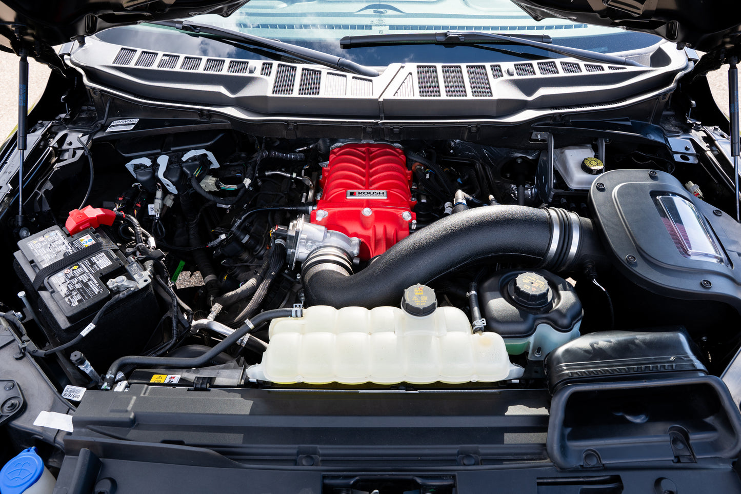 
                  
                    View of a car engine bay featuring a prominent red Roush supercharger kit, battery, air intake, coolant reservoir, and various engine components delivering up to 705 horsepower.
                  
                