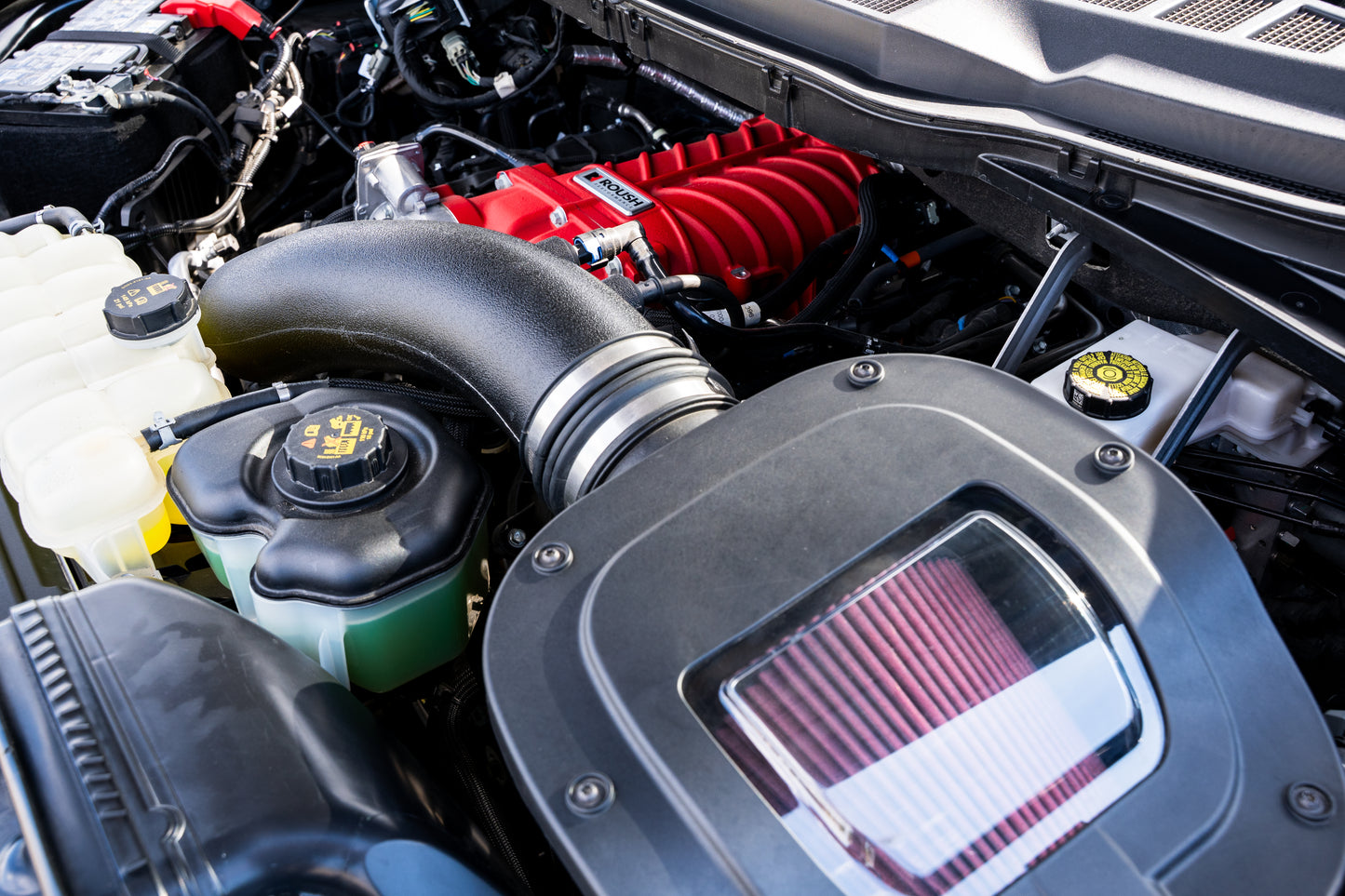 
                  
                    Close-up view of a car engine bay, featuring an F-150 supercharger and Roush supercharger kit, highlighting the air intake system, coolant reservoir, and other powerful engine components behind its 705 horsepower performance.
                  
                
