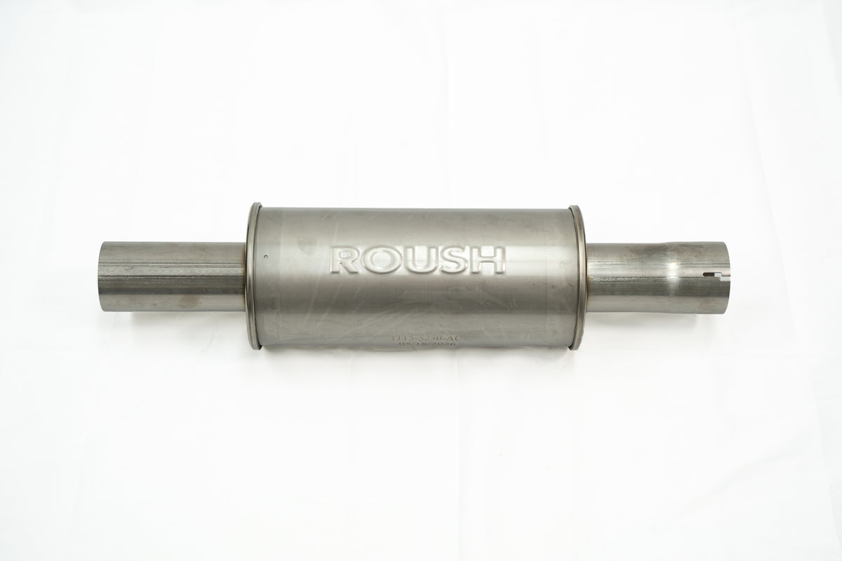 
                  
                    A metal automotive muffler with the word “ROUSH” embossed on its side, designed as part of a rear-exit exhaust system, photographed against a plain white background.
                  
                