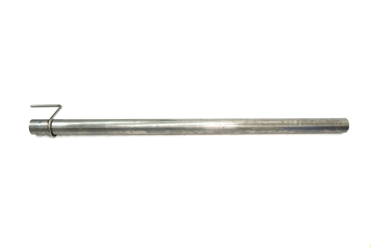 
                  
                    A metal cylindrical rod with a small hooked handle attached to one end, resembling a component of a rear-exit exhaust system, placed on a white background.
                  
                