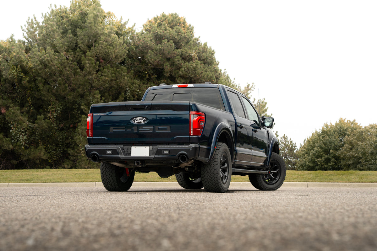 A black Ford F-150 pickup truck is parked on a paved surface with trees and grass in the background on a cloudy day, featuring an upgraded Roush F-150 exhaust for enhanced performance.