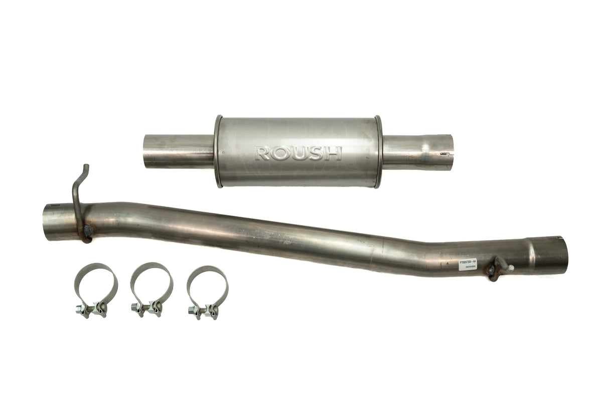 Roush Performance Muffler exhaust components for a Ram 1500 5.7L HEMI, including a muffler, a long pipe, and three metal clamps.