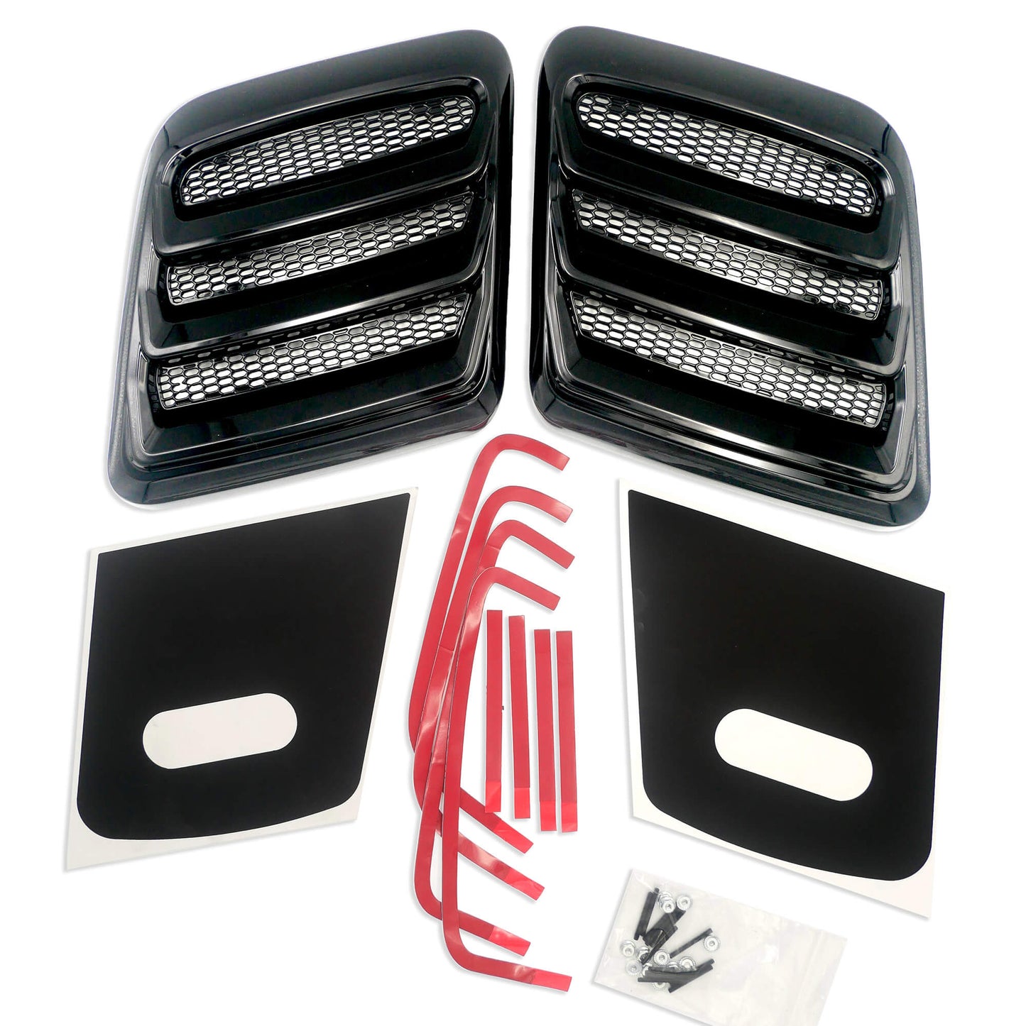 
                  
                    A set of Mustang Hood Heat Extractors in gloss black, featuring louvered vent covers with mesh inserts, adhesive strips, black decals, and installation hardware.
                  
                