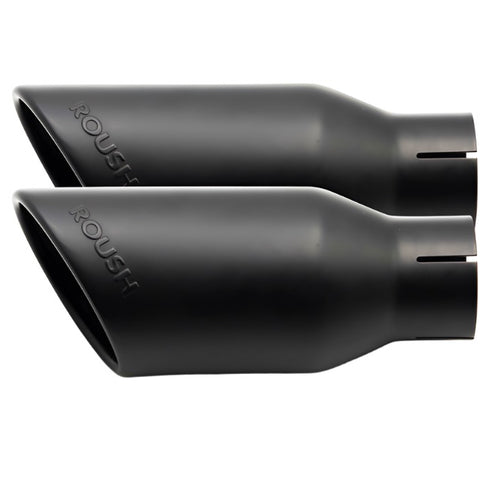 Two black exhaust tips, side by side, each featuring the word "ROUSH" embossed on the surface, make a perfect addition to your F-150 upgrade.