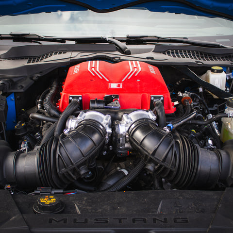 Close-up view of a Ford Mustang engine bay, featuring a red 2026 Roush Mustang Supercharger Kit and various high-performance components.