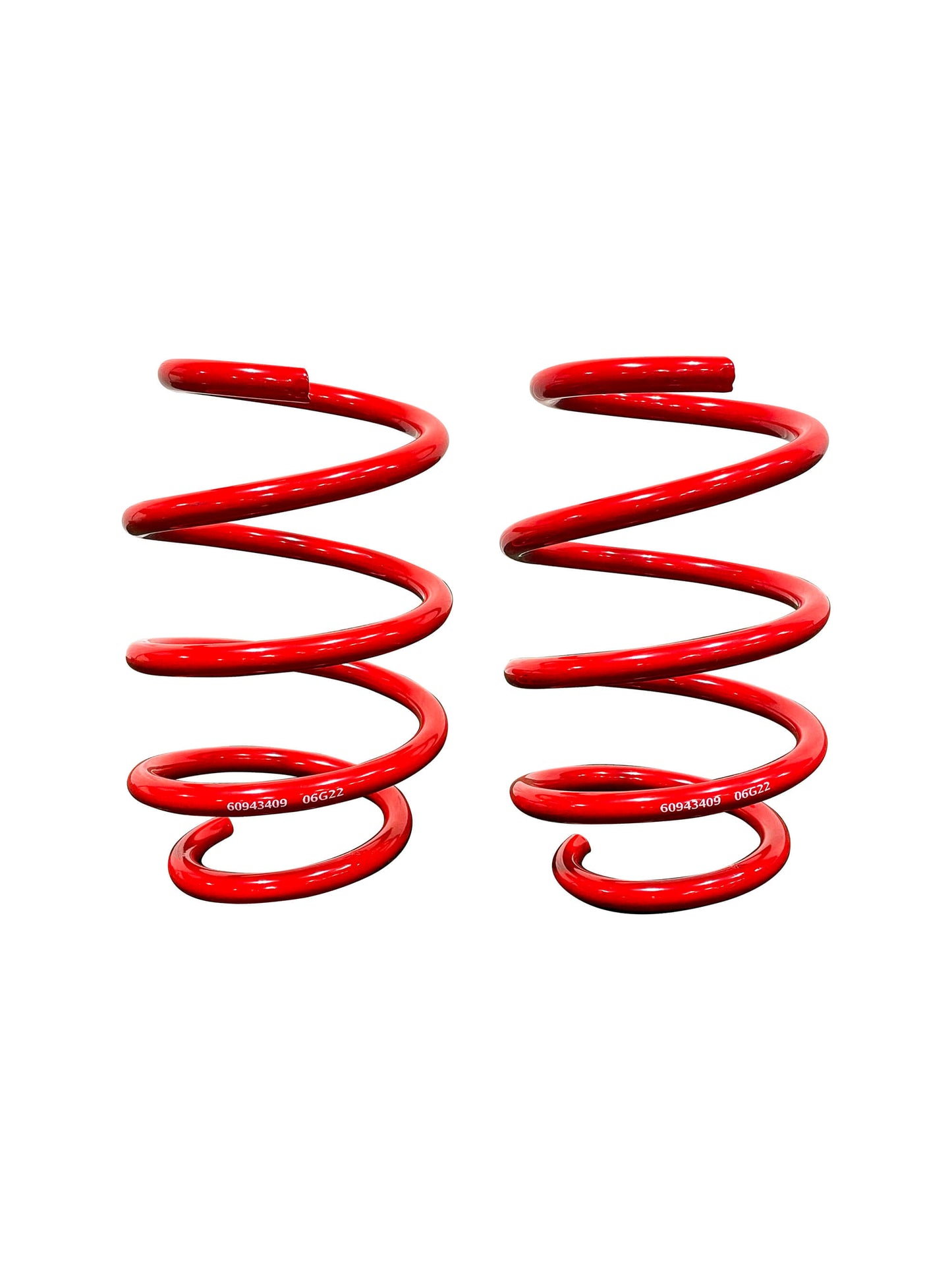 
                  
                    Two red metal coil springs, likely part of a Mustang lowering springs kit, are displayed side by side against a white background.
                  
                