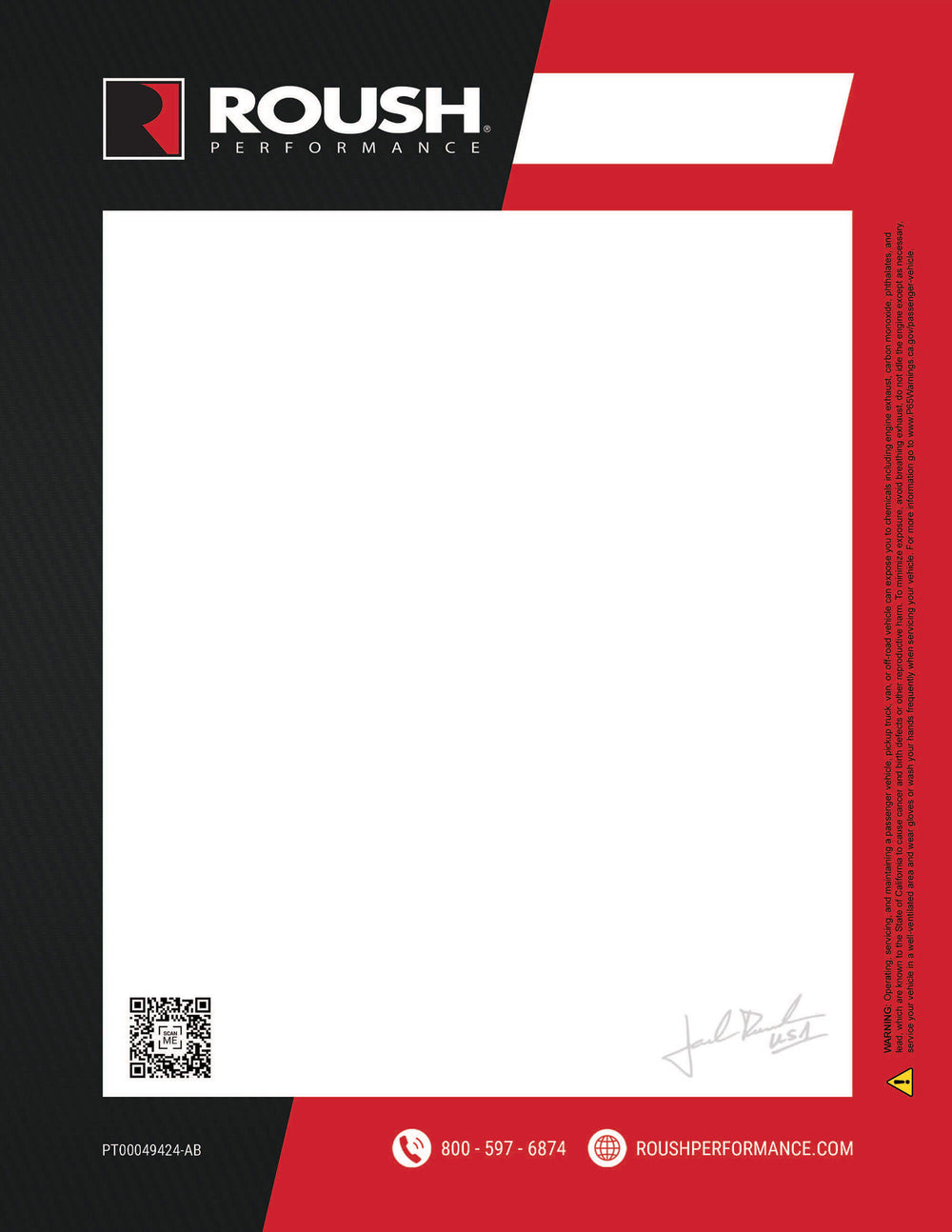 Roush performance letterhead boasts a striking red and black design with a logo, QR code, and contact information. It's the perfect touch for those detailing Roush Mustangs or adding to your Roush F-150s collection.