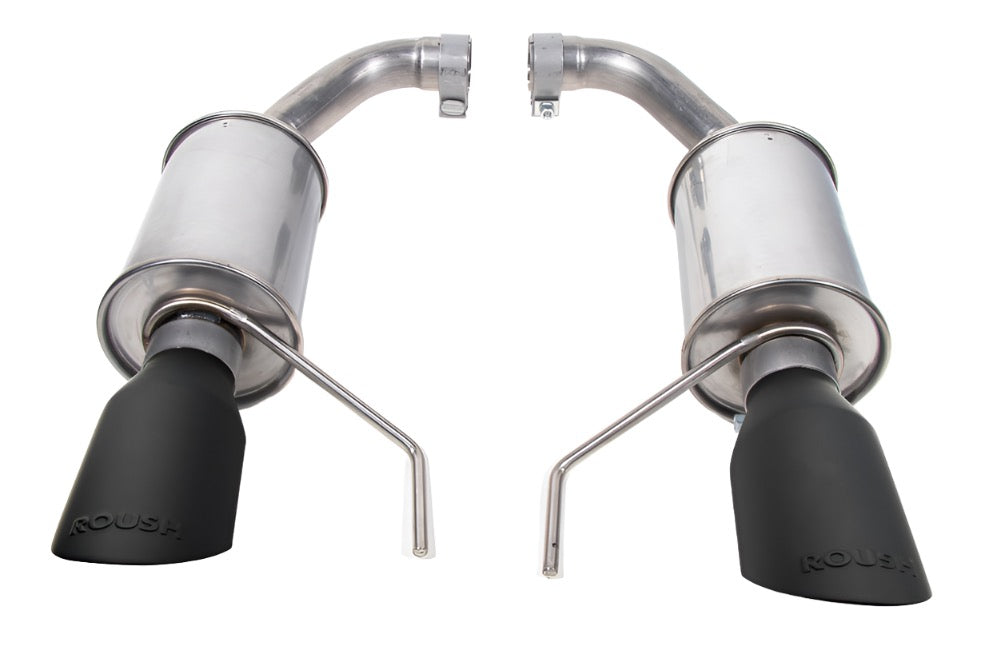 Two Roush Performance Exhaust mufflers with stainless steel chambers and matte black tips are arranged side by side against a white background. The word 