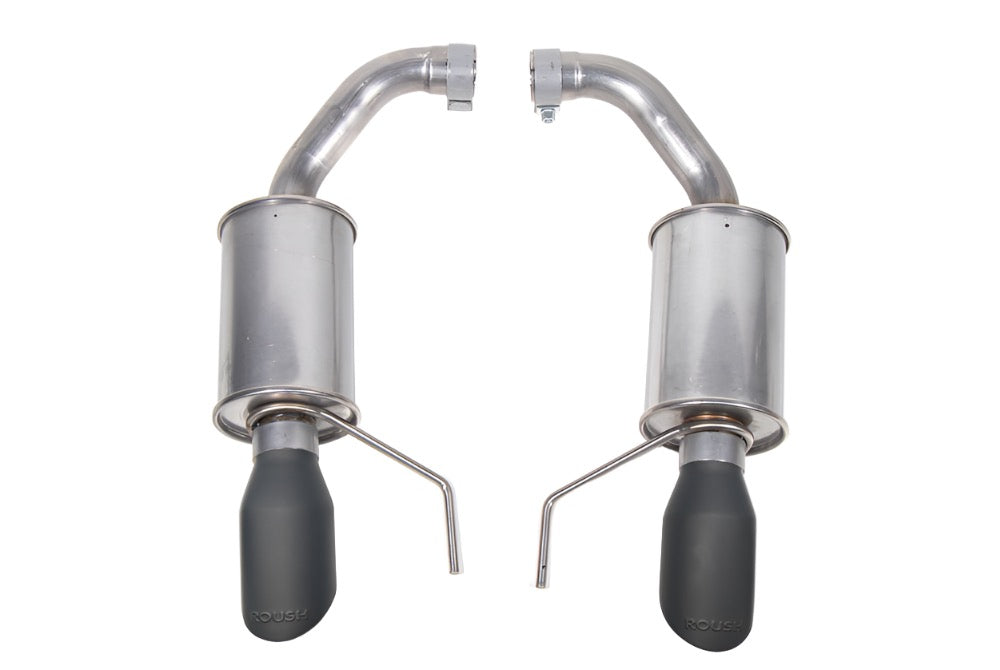 Two metallic exhaust mufflers with attached black tips, each featuring a curved pipe and hangers, laid on a white surface. This setup is reminiscent of the precision found in Roush Performance Exhaust systems.