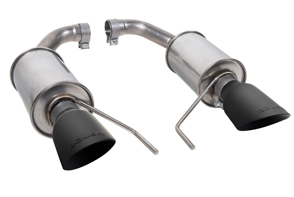 
                  
                    A pair of stainless steel Roush Performance Exhaust mufflers with black tips and attached mounting brackets.
                  
                
