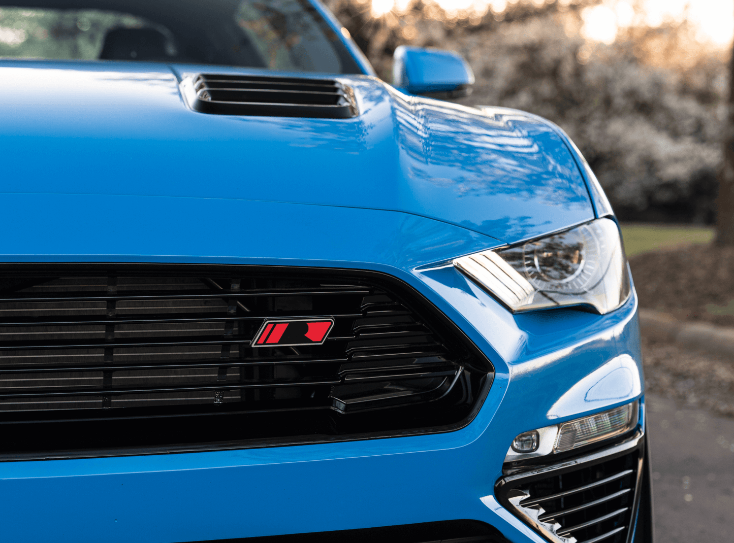 
                  
                    Close-up of the front of a blue sports car, showcasing the grille with a red "R" emblem, gloss black detailing, a prominent hood scoop with Mustang Hood Heat Extractors, and one of its headlights.
                  
                