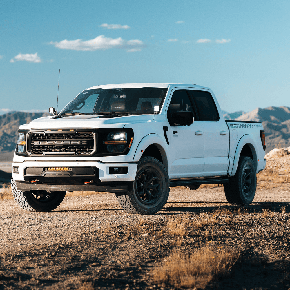 
                  
                    A white pickup truck with black trim, equipped with an F-150 4x4 suspension, parked on a dirt road in a dry, rocky landscape with mountains and blue sky in the background.
                  
                