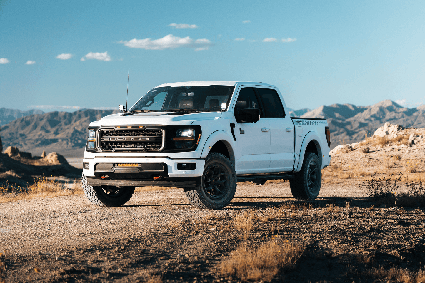 
                  
                    A white pickup truck with black trim, equipped with an F-150 4x4 suspension, parked on a dirt road in a dry, rocky landscape with mountains and blue sky in the background.
                  
                