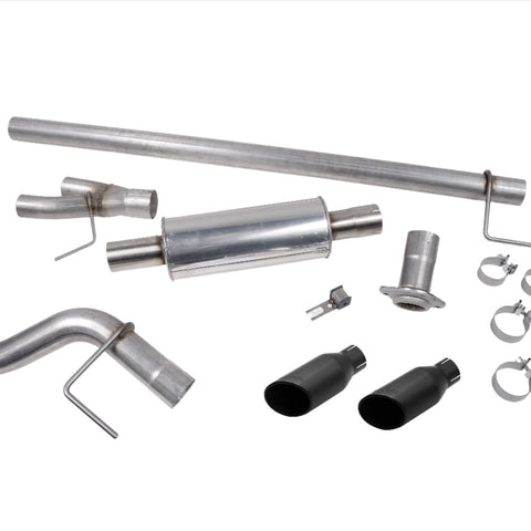 The Roush F-150 Exhaust system, designed for the 5.0L V8 Engine, features multiple metal pipes, clamps, and attachments displayed on a pristine white background. This Cat Back Exhaust enhances performance while maintaining a sleek appearance.