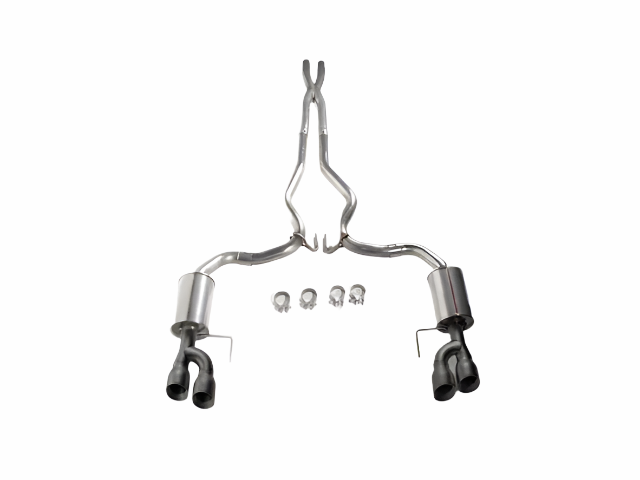 
                  
                    A stainless steel Roush Performance Exhaust dual system with two mufflers, four black tailpipes, and three clamps is displayed on a white background.
                  
                